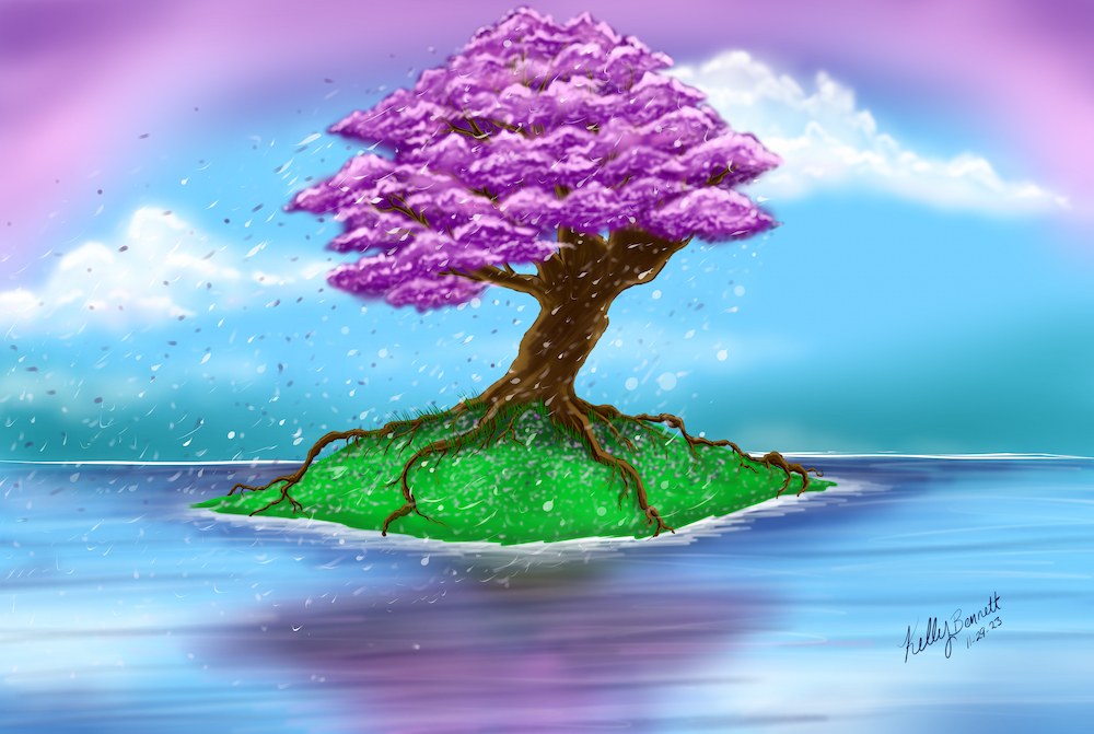 A digital painting of a pink tree surrounded by water