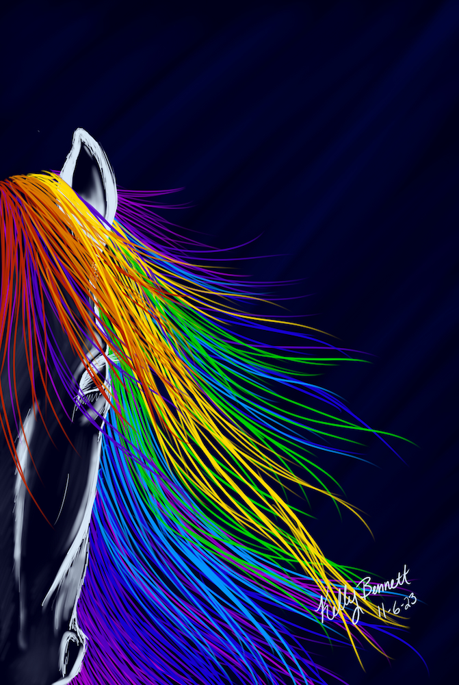 A digital painting of a horse, using rainbow colors