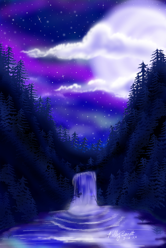 A digital painting of a fantasy waterfall featuring blues and purples