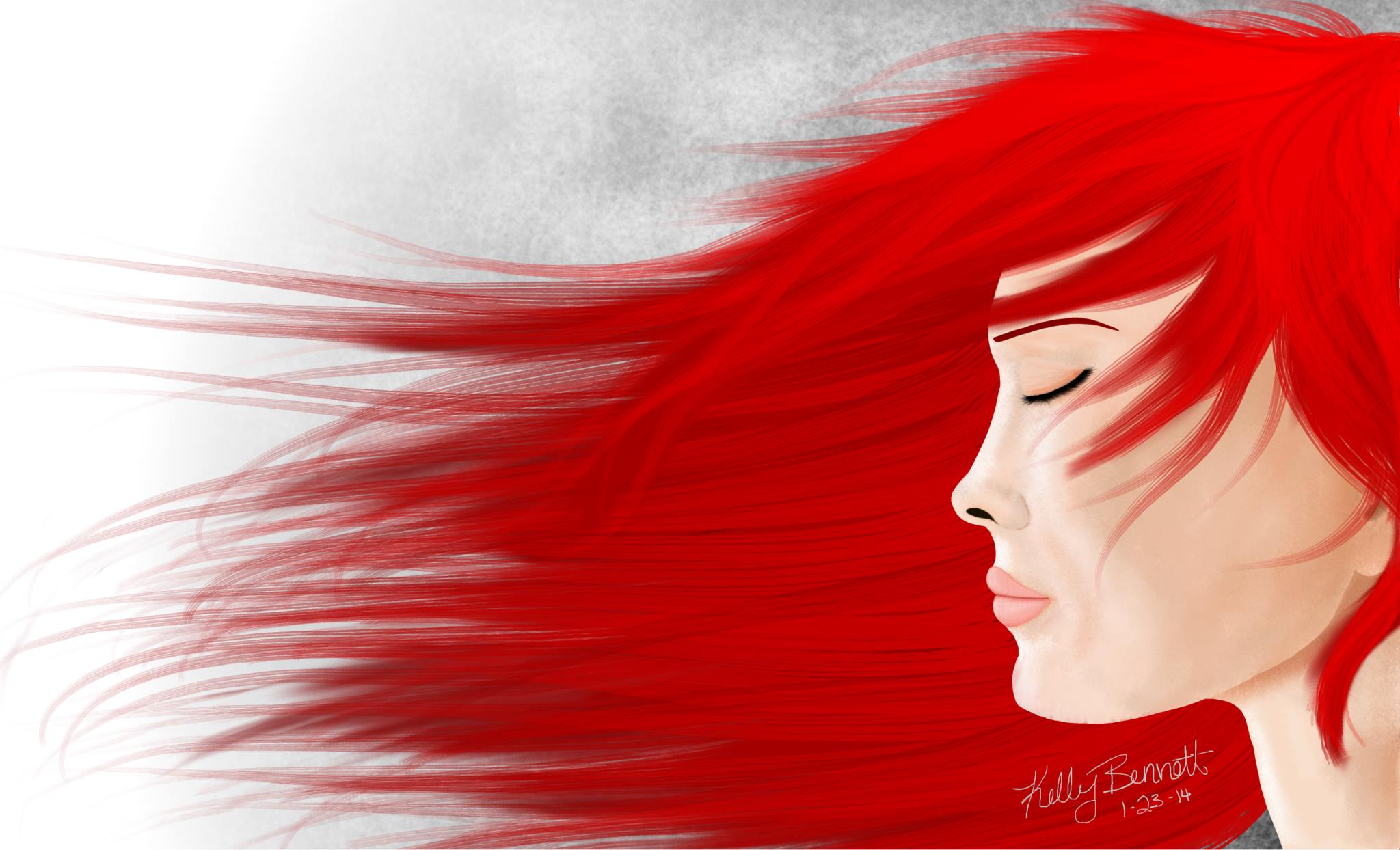 A digital painting of a woman with her hair blowing in the breeze