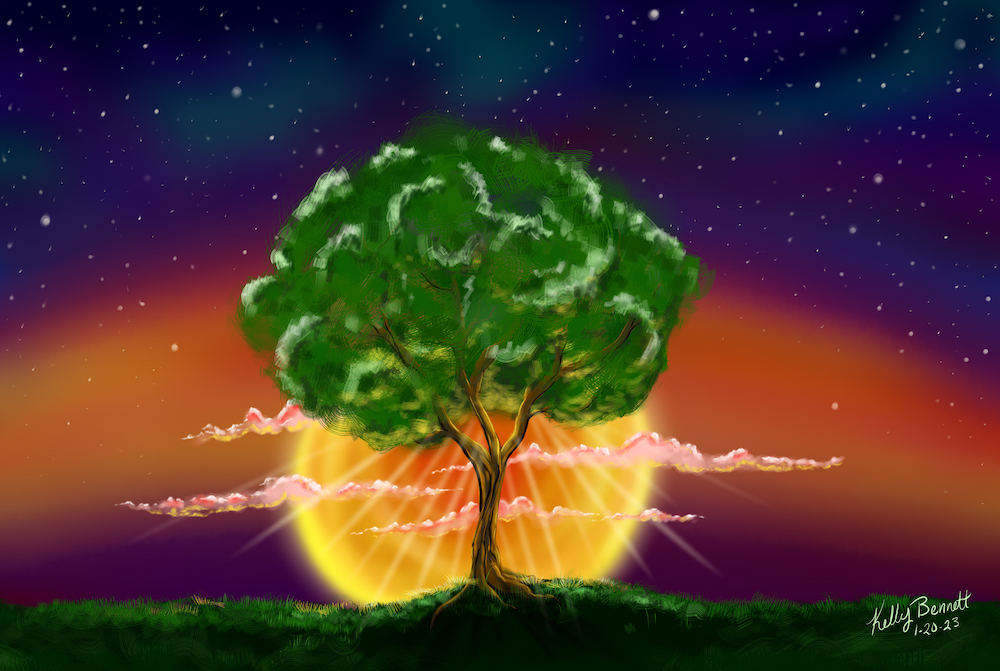 A digital painting of a tree with a pretty sunset in the background.