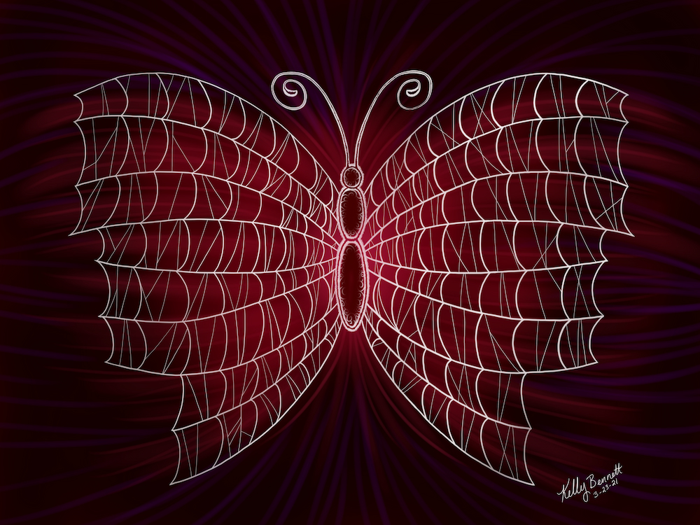 A digital butterfly painting with web-like wings