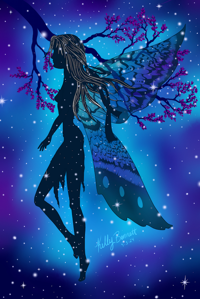 A digital fairy silouette with blues and purples in the background
