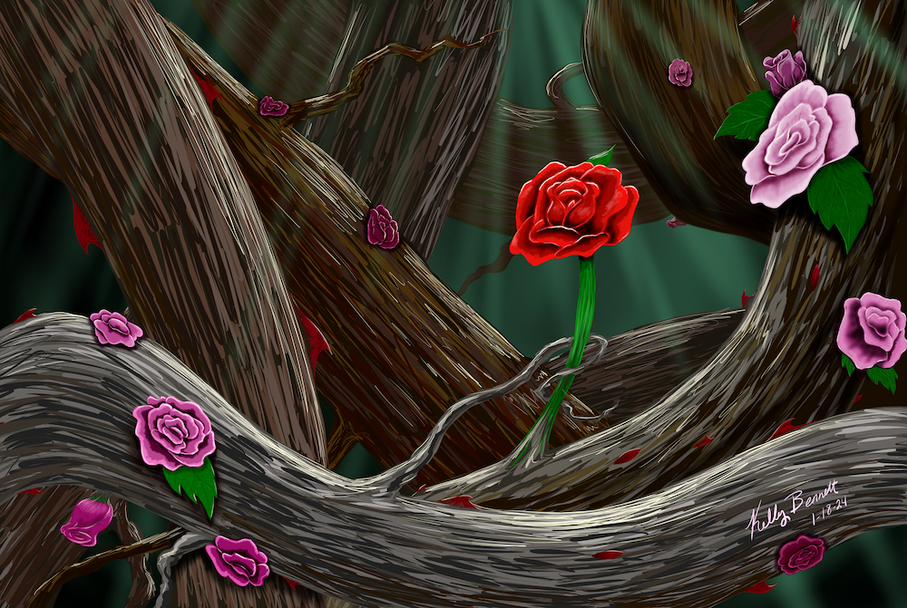 A digital painting of roses on throny vines
