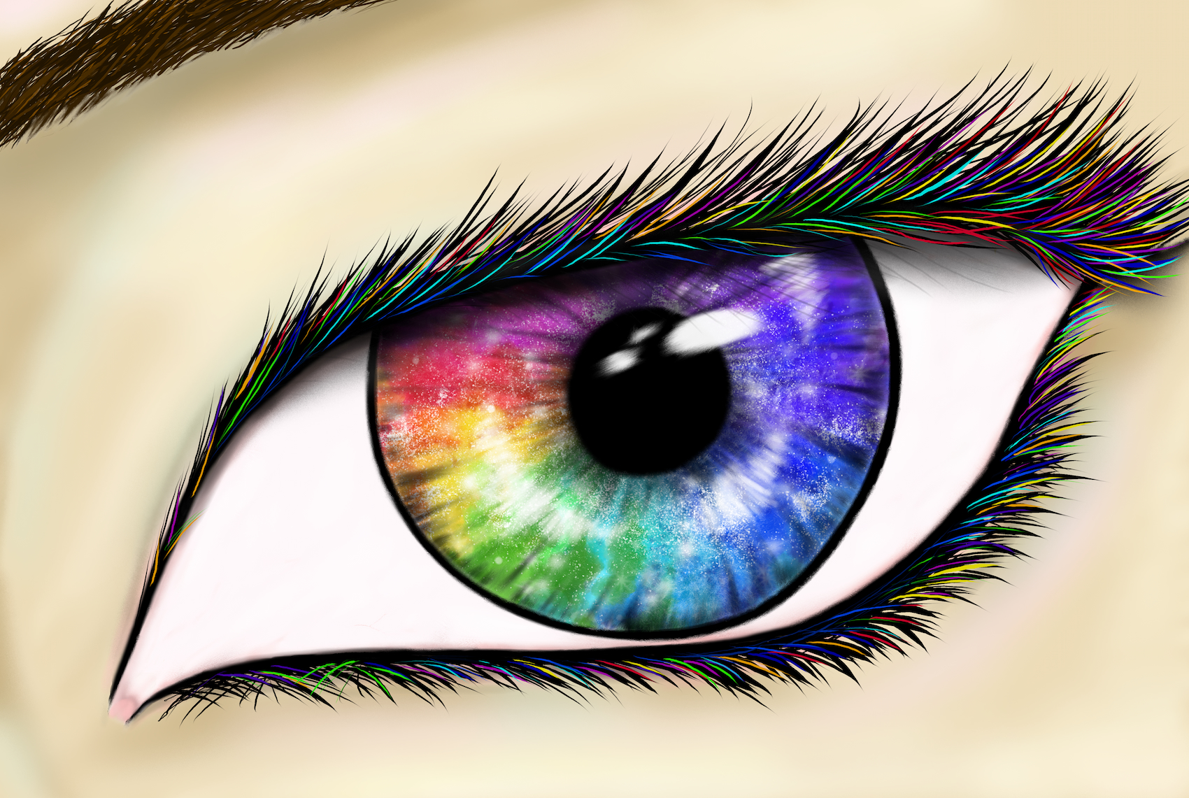 A digital painting of a rainbow galaxy eye! I recorded half of this, but forgot to his unpause for the second half... but it still turned out great. Features a rainbow iris, and rainbow eyelashes.